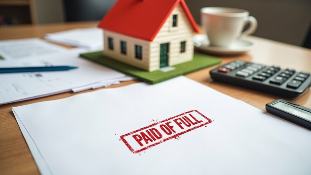 A home with a paid off mortgage document on a wooden desk next to a calculator and mug.